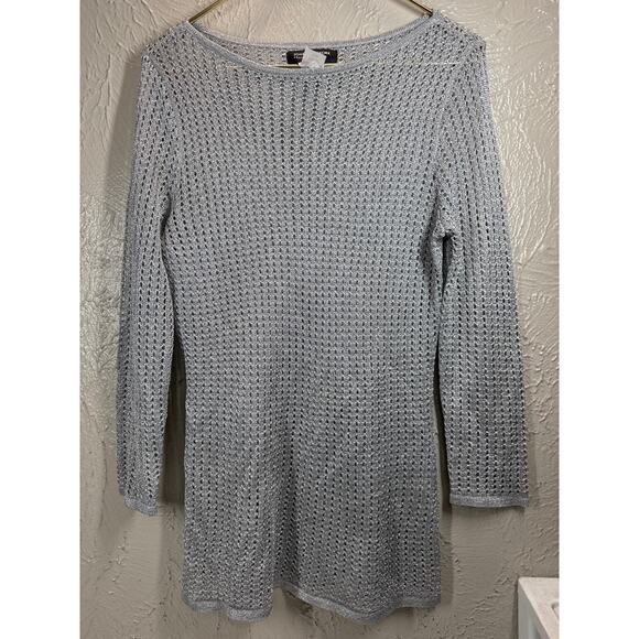 Jones New York Pullover Sweater Gray Silver Loose Mesh Weave Long Sleeve Medium - Picture 1 of 5